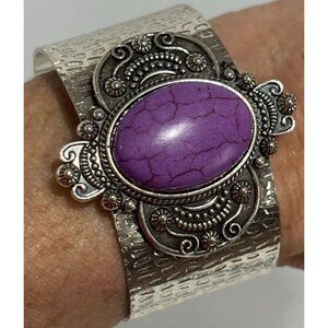 Wide Silver Cuff Bracelet Purple Stone Open Back Jewelry Intricate Metalwork